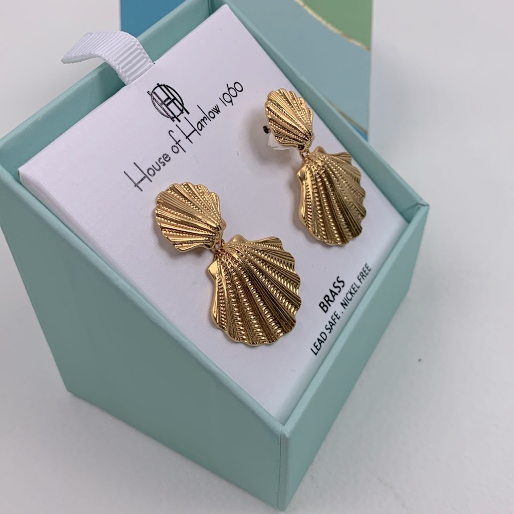 House of Harlow 1960 Gold Brass fan Earrings New in Box Lead free Nickel safe - Picture 3 of 10